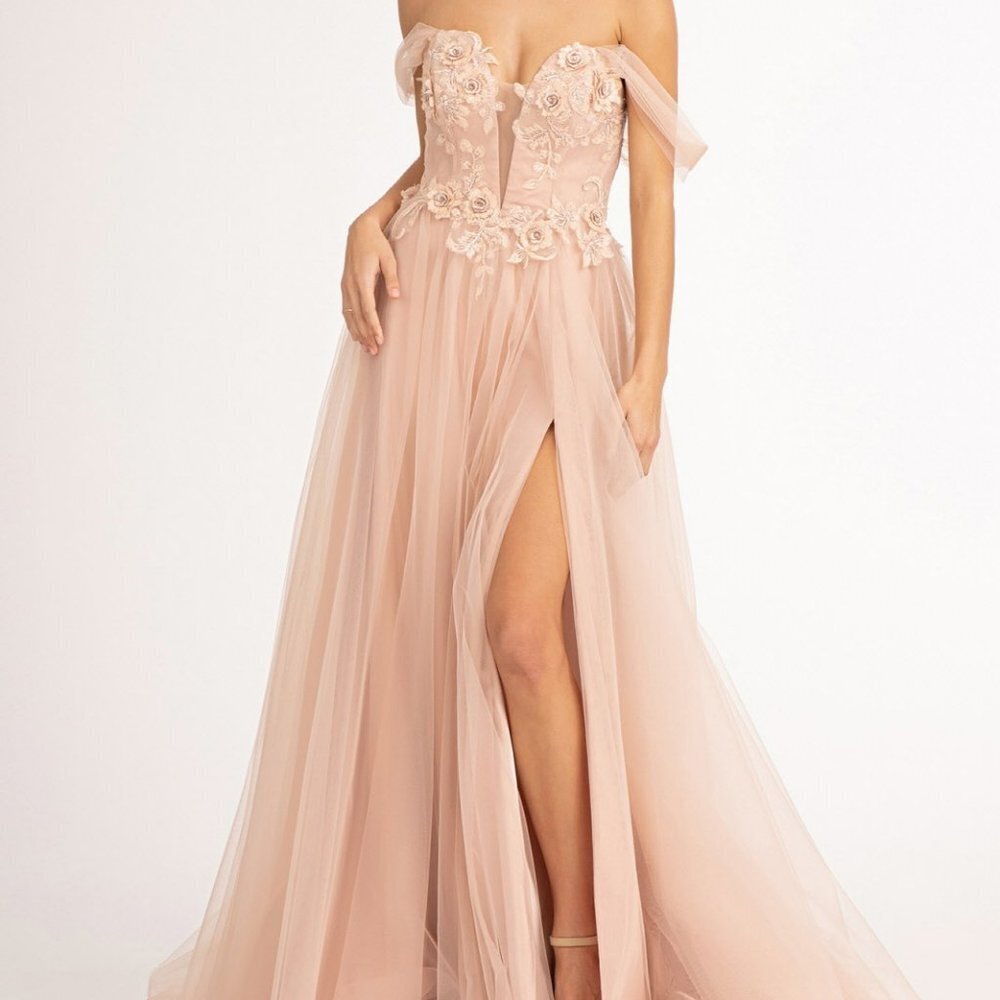 ROSE GOLD 3-D Flower Embellished Mesh A-line Dress w/ Lace-up Open Back GL3007